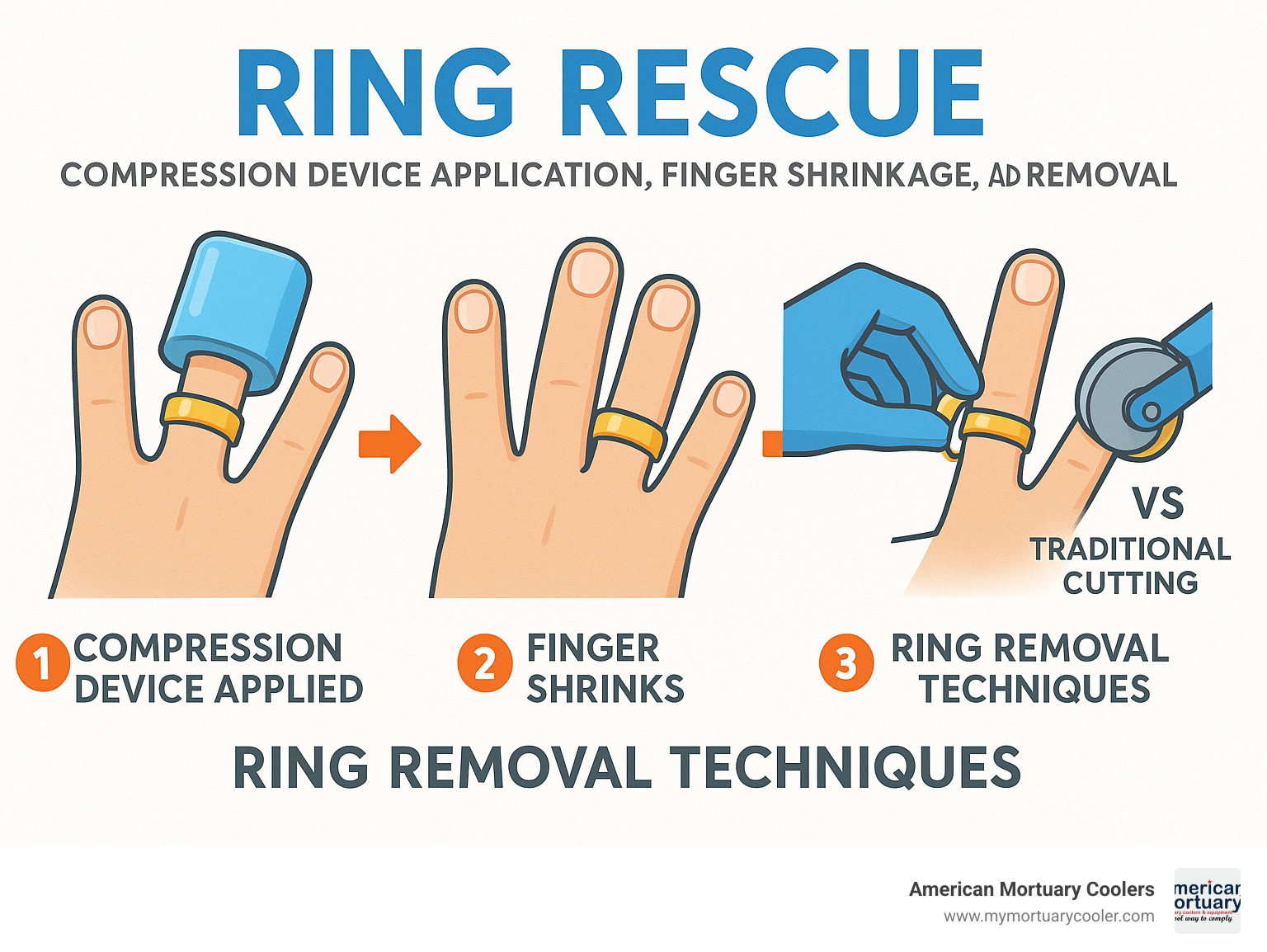 Detailed infographic showing the Ring Rescue process with compression device application, finger shrinkage mechanism, and ring removal techniques compared to traditional cutting methods - ring rescue infographic 