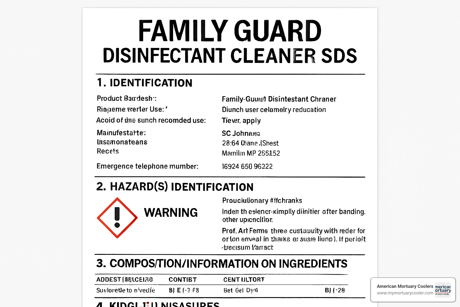 SDS front page showing hazard classification information - family guard disinfectant cleaner sds