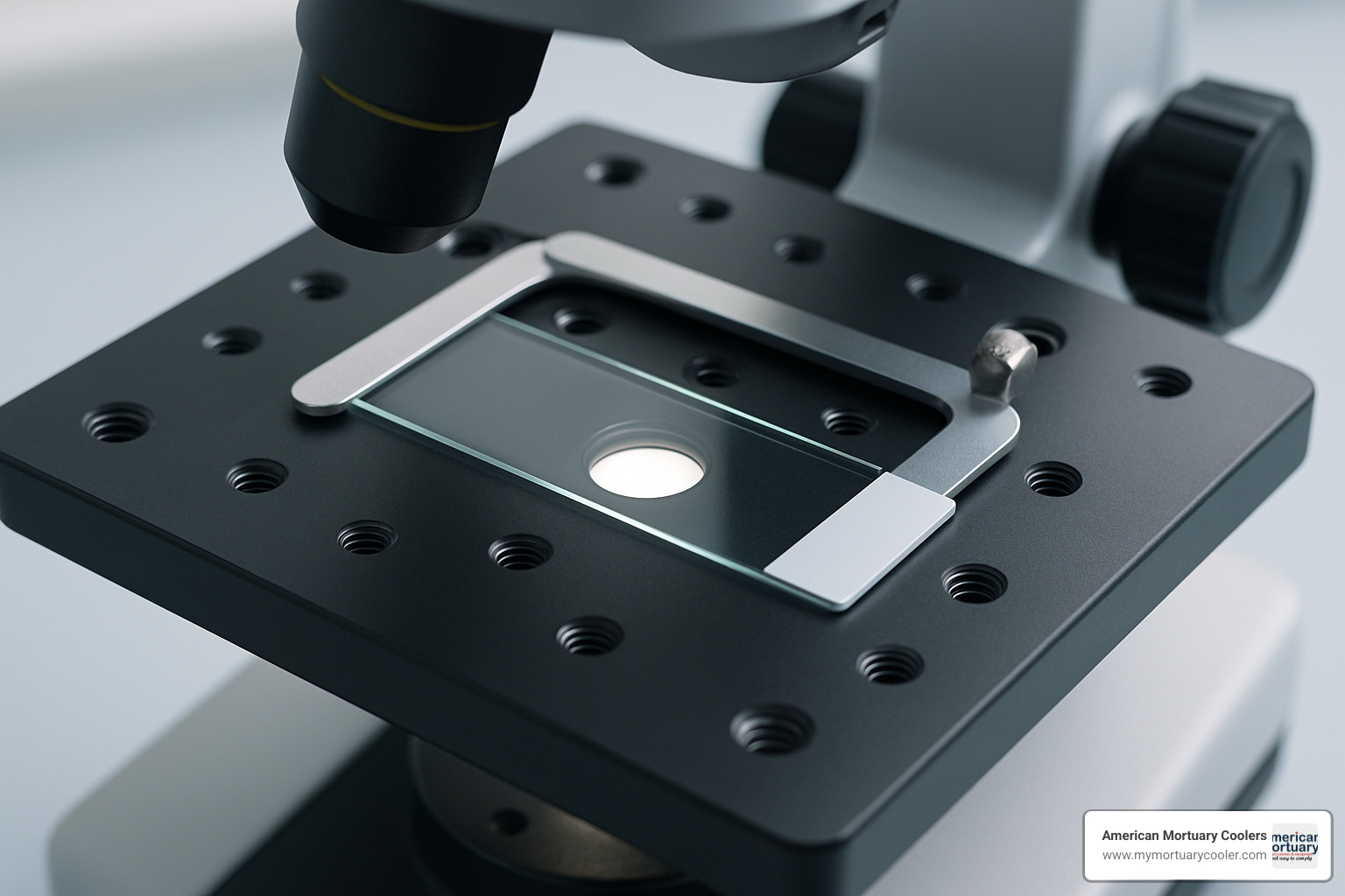 Microscope stage showing mounting thread patterns and alignment features for slide holders - microscope slide holder