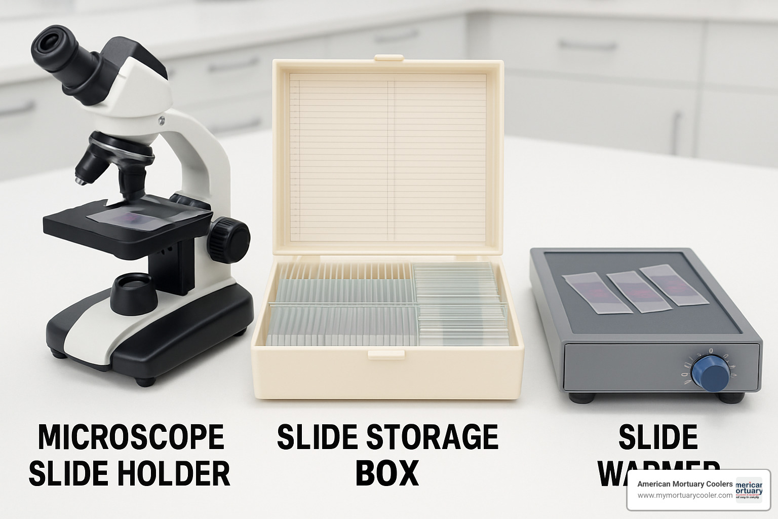 Comparison of microscope slide holder, slide storage box, and slide warmer showing their different functions in laboratory workflow - microscope slide holder