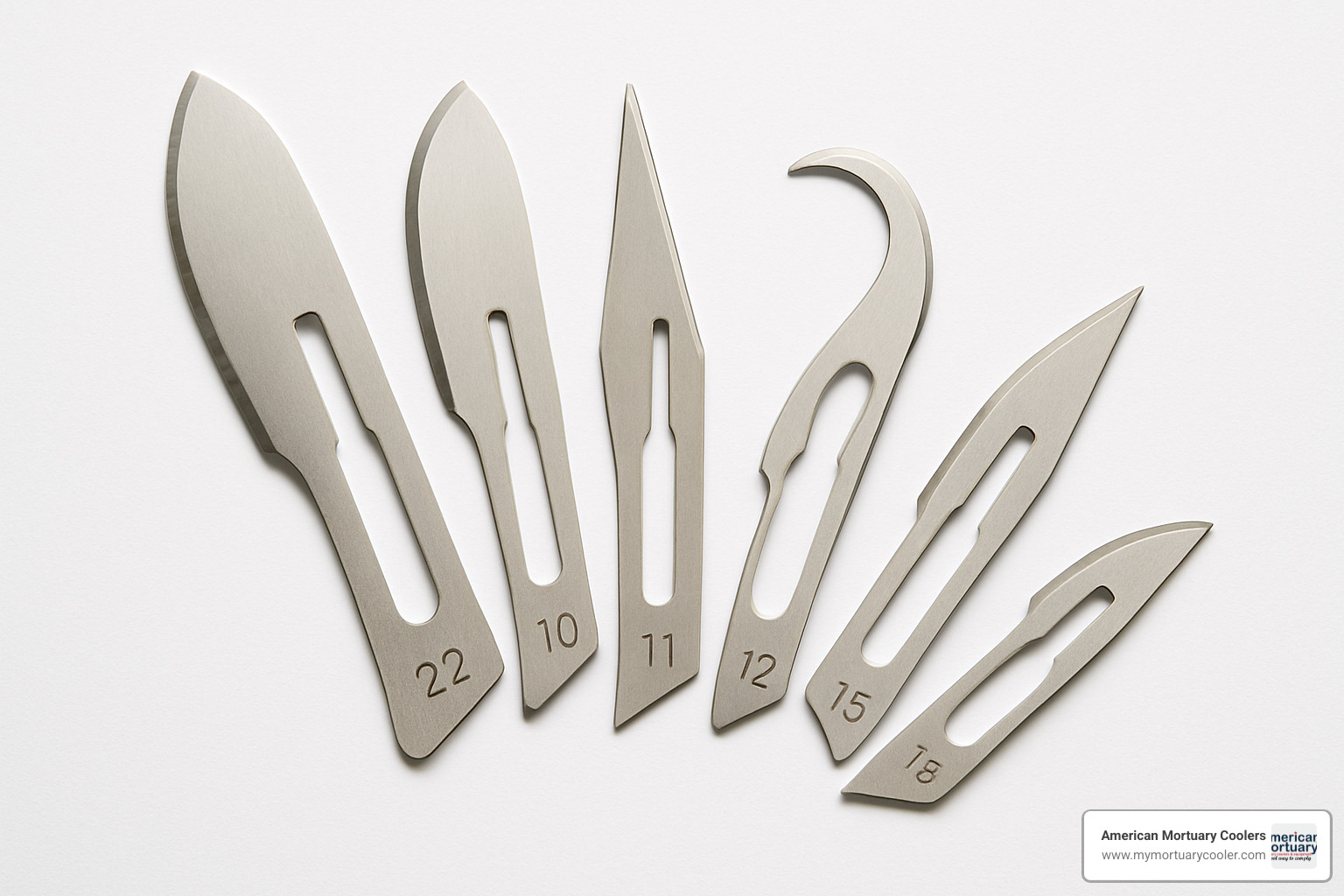 Variety of different scalpel blades fanned out for comparison - ten blade scalpel