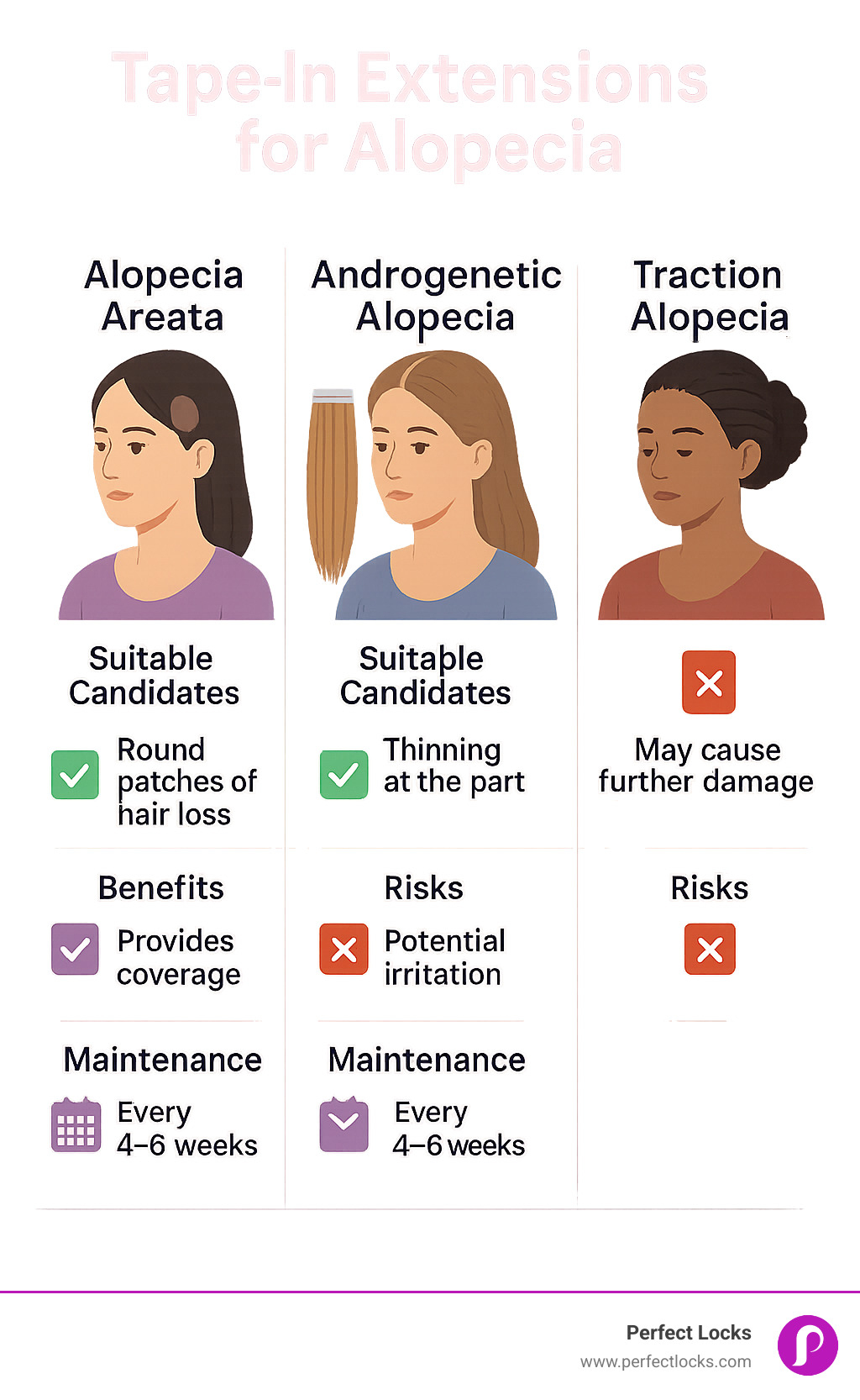 Comparison of tape-in extensions for different alopecia types showing suitable candidates, benefits, risks, and maintenance requirements for alopecia areata, androgenetic alopecia, and traction alopecia, with clear visual indicators of when tape-ins are appropriate versus when alternative solutions are recommended - tape in extensions for alopecia infographic