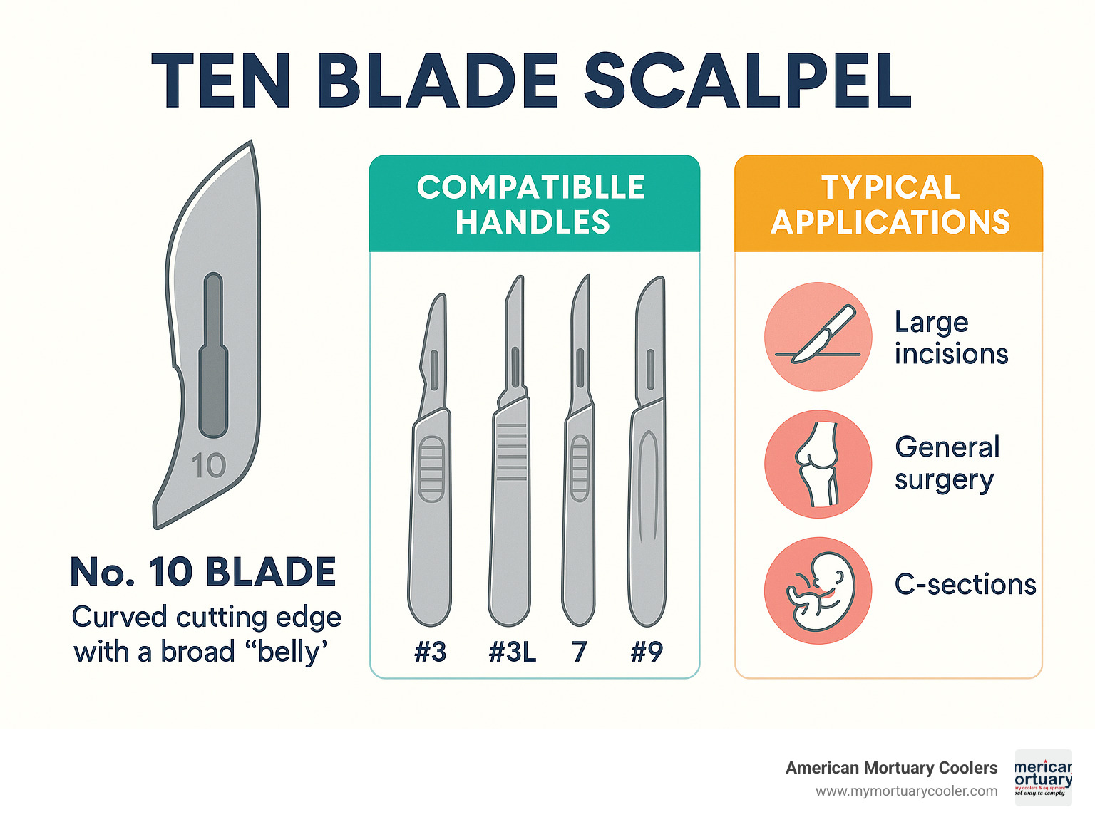 Comparison of common scalpel blade types showing the No. 10 blade with its curved cutting edge, compatible handles, and typical surgical applications - ten blade scalpel infographic 