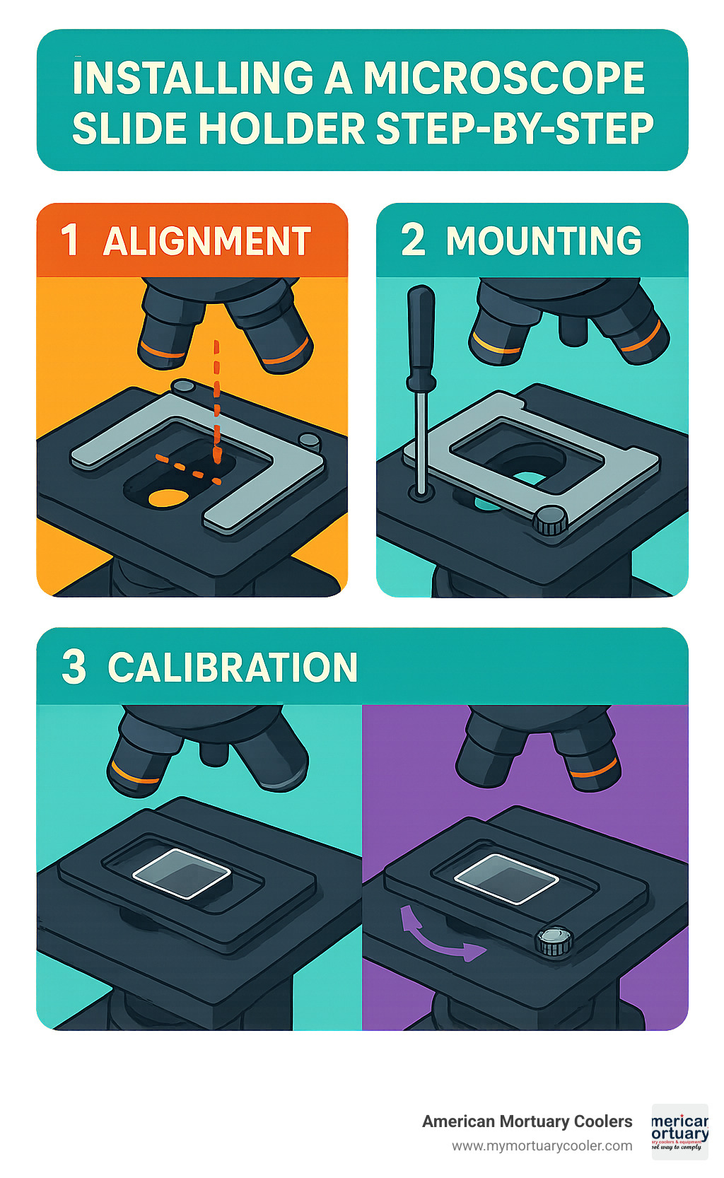Step-by-step installation of microscope slide holder showing alignment, mounting, and calibration - microscope slide holder infographic 