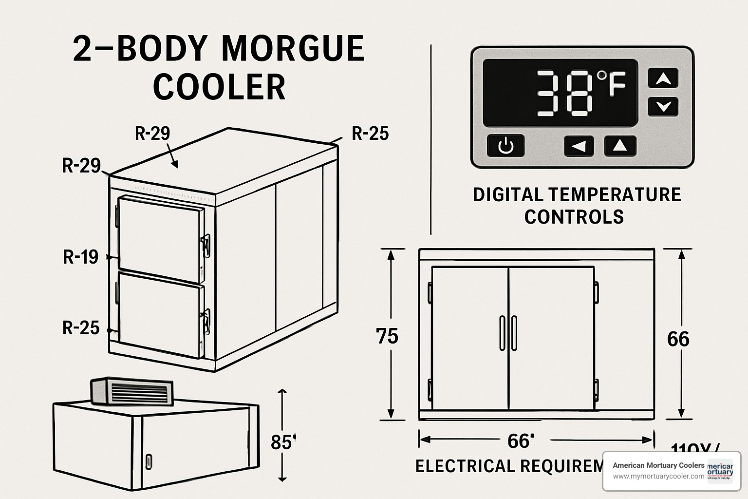 Specification sheet showing R-values, temperature controls, and electrical requirements for a 2-body morgue cooler - 2 body morgue cooler in new jersey