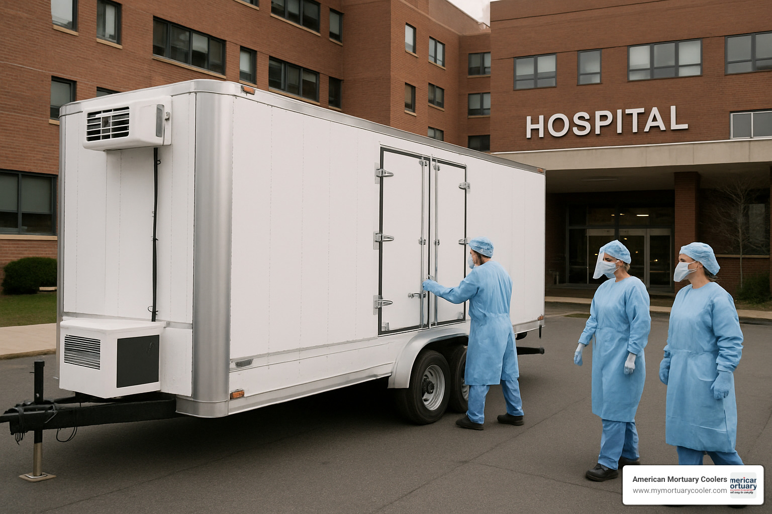 Mobile mortuary cooler trailer being deployed outside a New Jersey hospital during capacity surge - 2 body morgue cooler in new jersey
