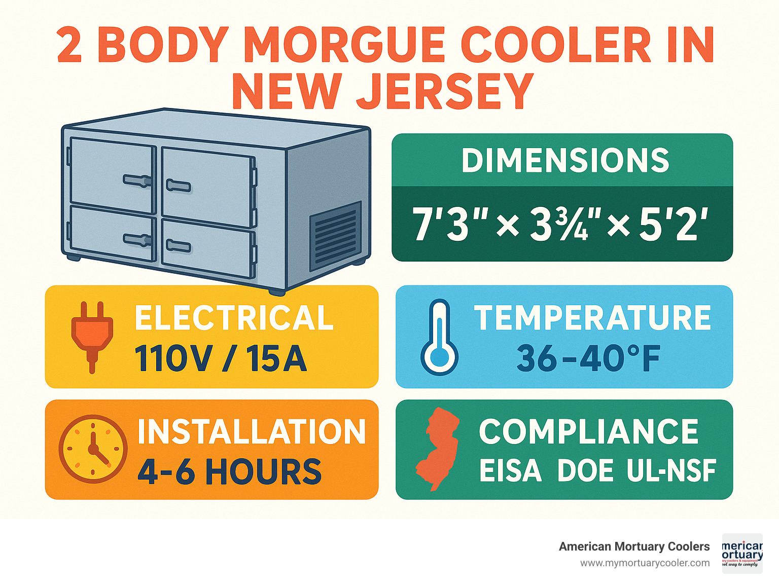 Diagram showing 2-body morgue cooler specifications including dimensions (7'3" x 3'¾" x 5'2"), electrical requirements (110V/15A), temperature range (36-40°F), installation timeline (4-6 hours), and compliance standards (EISA, DOE, UL-NSF) for New Jersey facilities - 2 body morgue cooler in new jersey infographic 