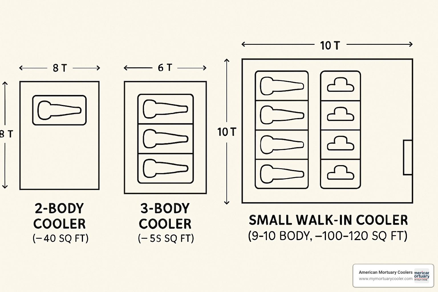 Capacity comparison showing footprint and space requirements for 2-body, 3-body, and walk-in cooler options - 2 body morgue cooler in new jersey