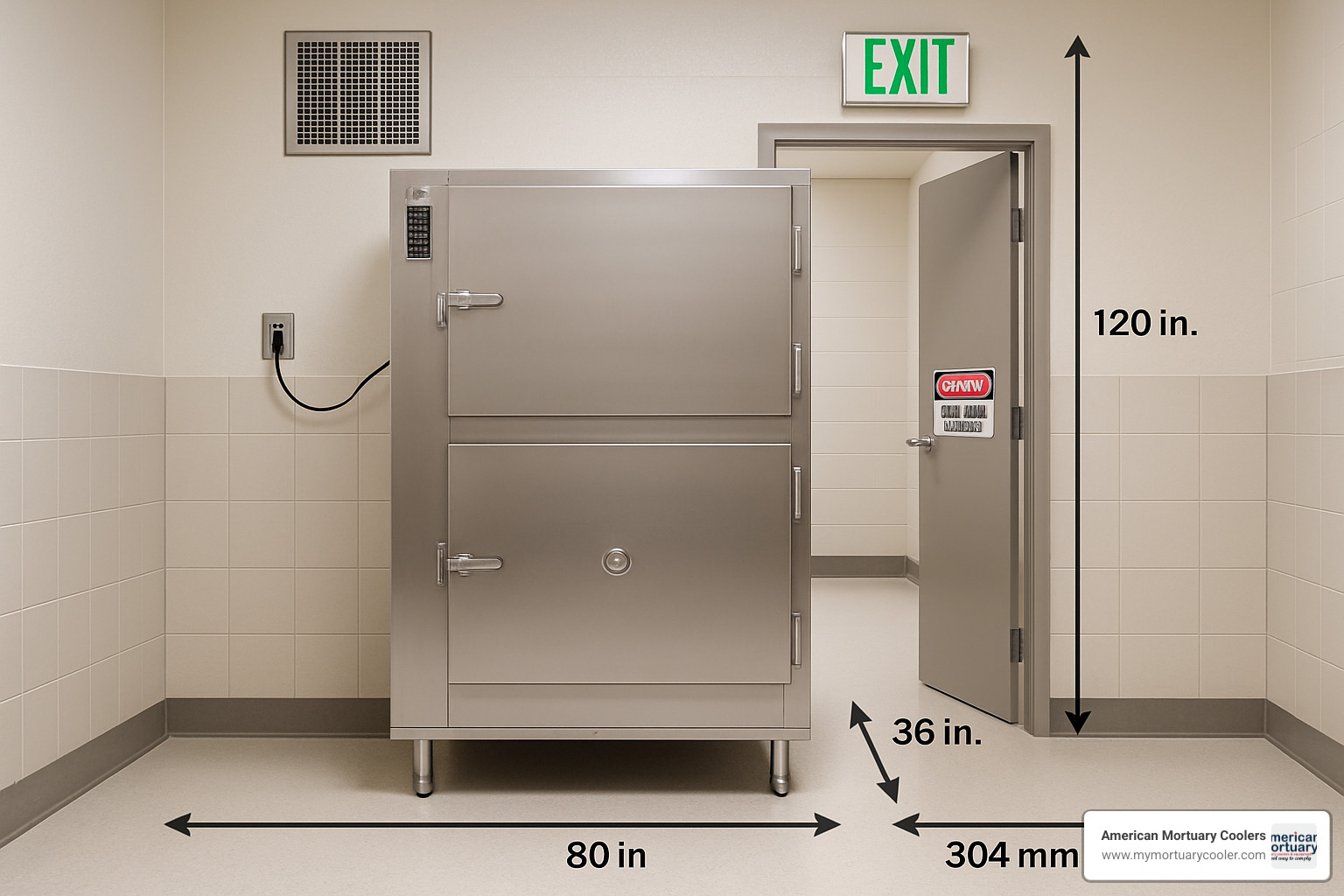 Installation of a 2-body morgue cooler showing space requirements and utility connections - 2 body morgue cooler in new jersey