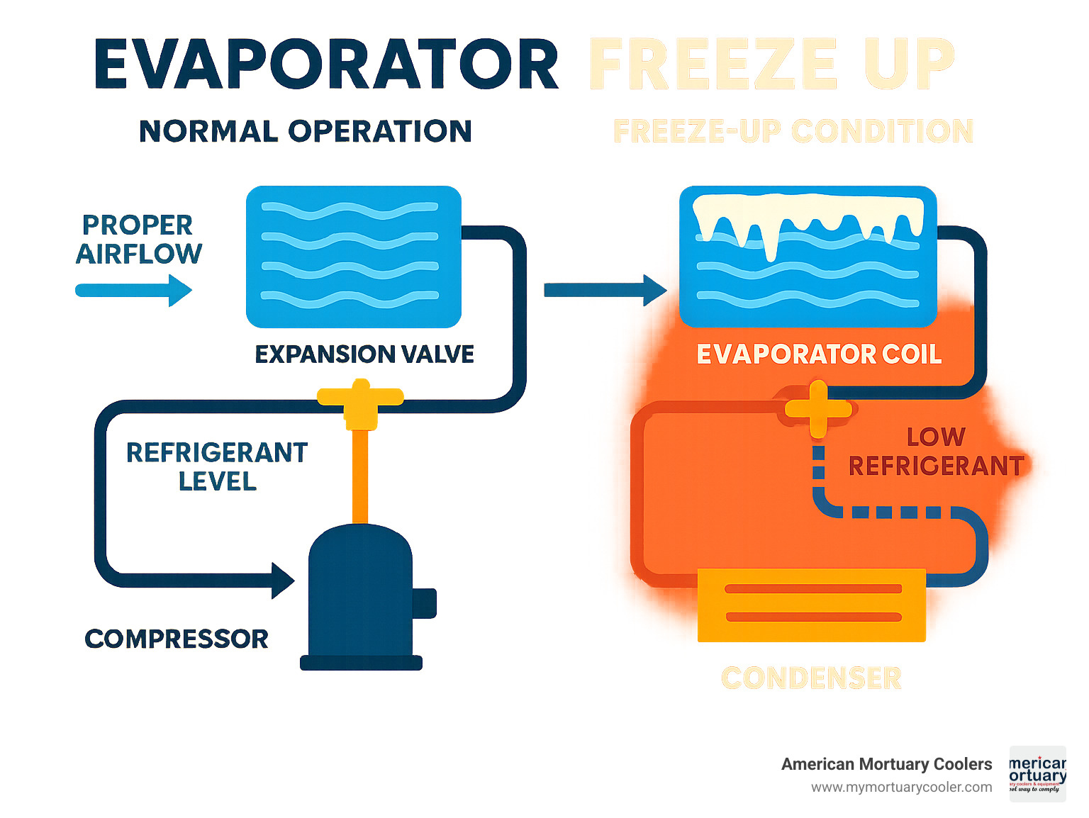 Refrigeration cycle showing normal operation vs. freeze-up condition, with labeled components including compressor, condenser, expansion valve, and evaporator coil, plus indicators of proper airflow and refrigerant levels - evaporator freeze up infographic 