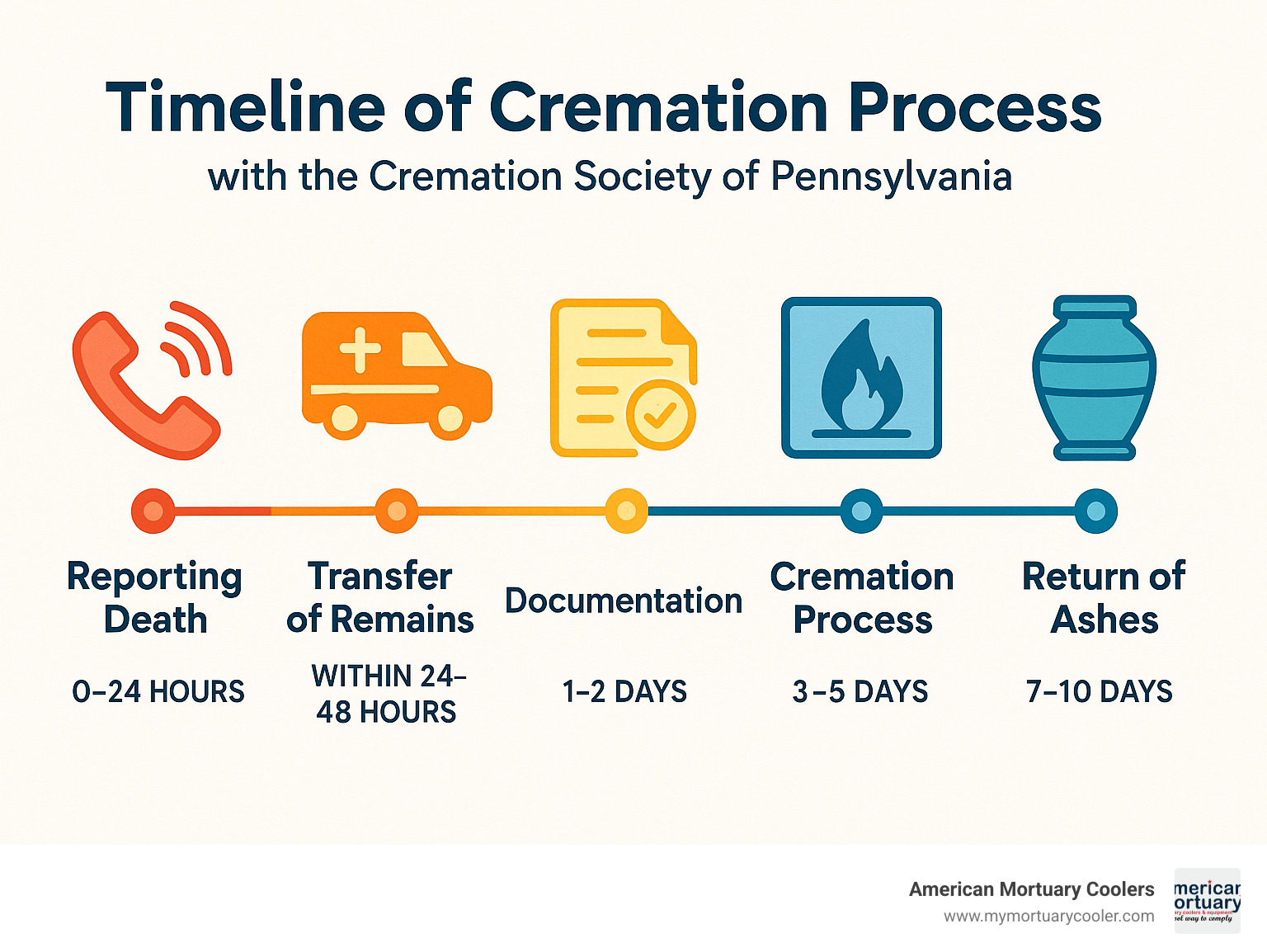 Timeline of cremation process showing reporting death, transfer of remains, documentation, cremation process, and return of ashes with estimated timeframes - cremation society of pennsylvania infographic 