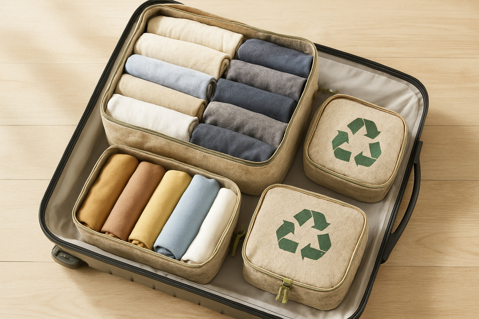 Rolled clothes organized in recycled packing cubes - eco packing tips