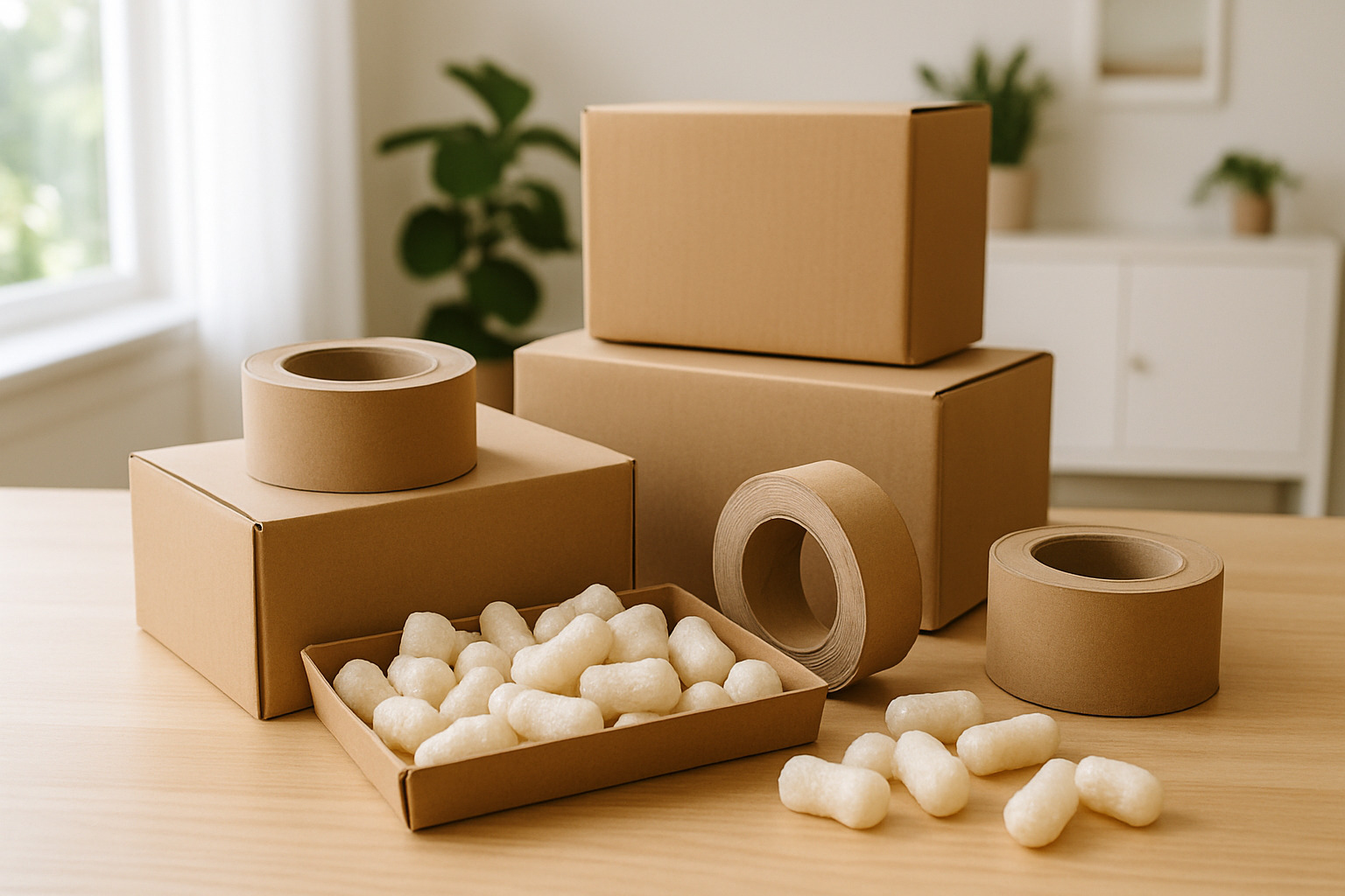 Sustainable packing materials including recycled cardboard boxes, paper tape, and biodegradable peanuts - eco packing tips