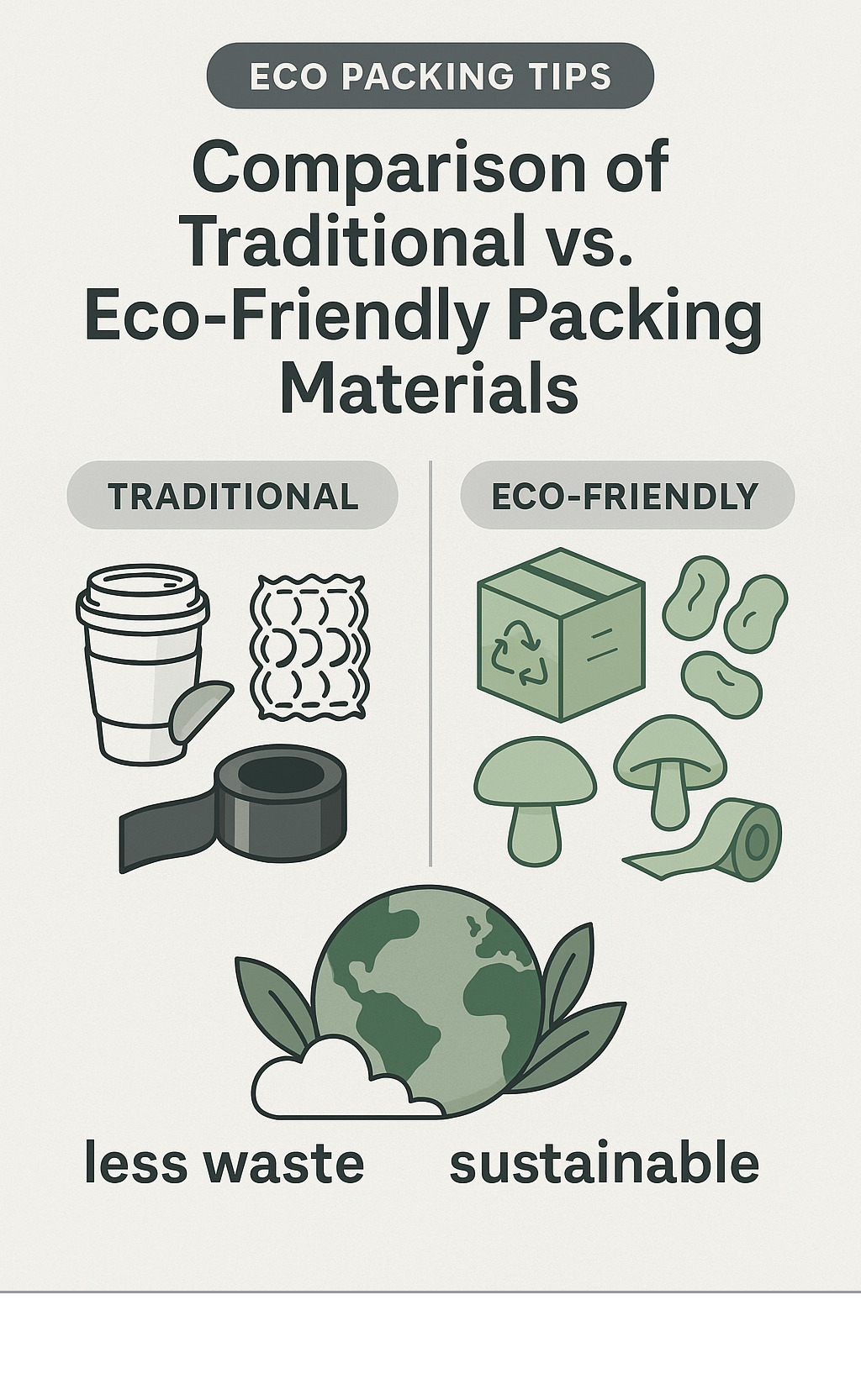 Comparison of traditional versus eco-friendly packing materials - eco packing tips infographic