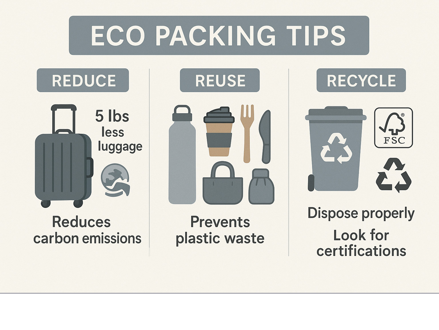 Infographic showing the environmental impact of packing choices with three columns: Reduce (showing luggage weight reduction and carbon savings), Reuse (displaying common reusable travel items and their plastic waste prevention statistics), and Recycle (illustrating proper disposal methods and certification labels to look for) - eco packing tips infographic 