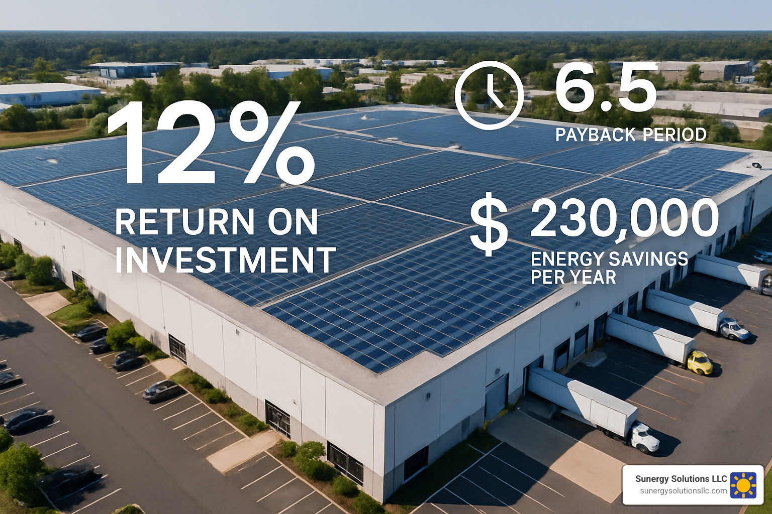 solar panels on commercial warehouse with financial metrics showing ROI - commercial solar companies