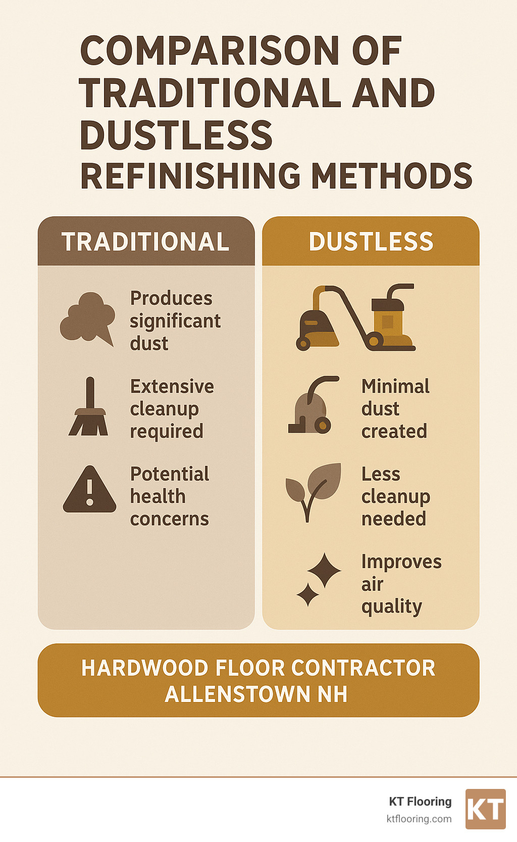 comparison of traditional and dustless refinishing methods - hardwood floor contractor allenstown nh infographic 