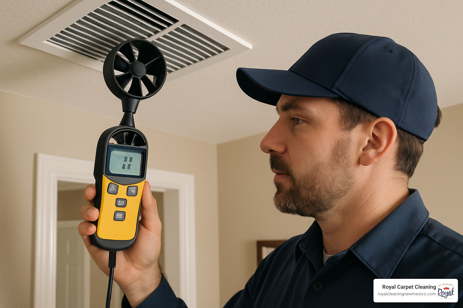 airflow meter measuring HVAC system efficiency - air conditioning air duct cleaning