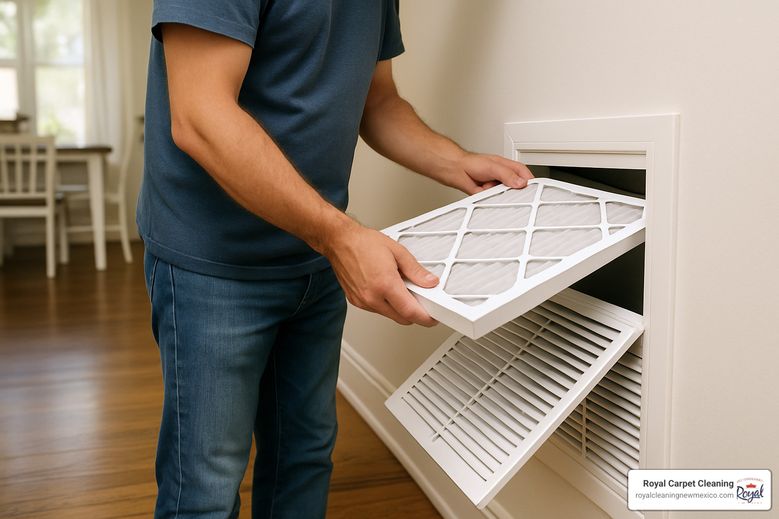 homeowner changing HVAC filter - air conditioning air duct cleaning