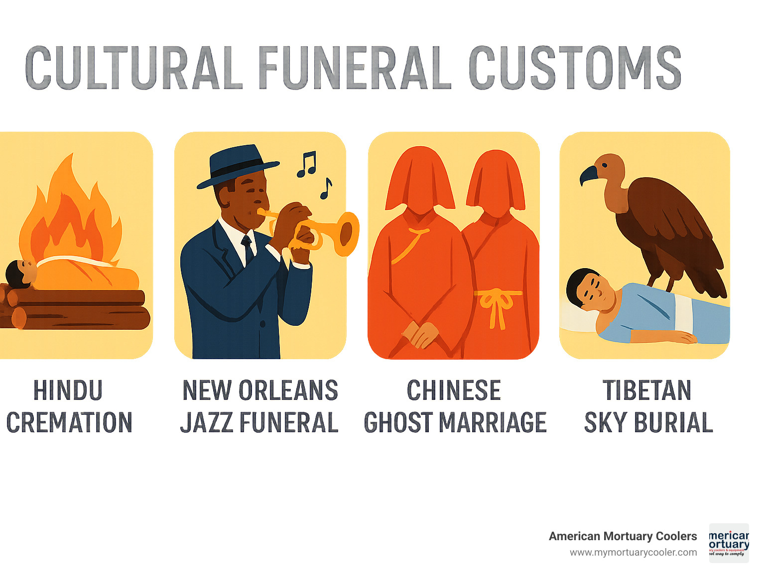 Infographic showing diverse funeral customs across different cultures including Hindu cremation, New Orleans jazz funerals, Chinese ghost marriages, and Tibetan sky burials - what is an undertaker infographic 