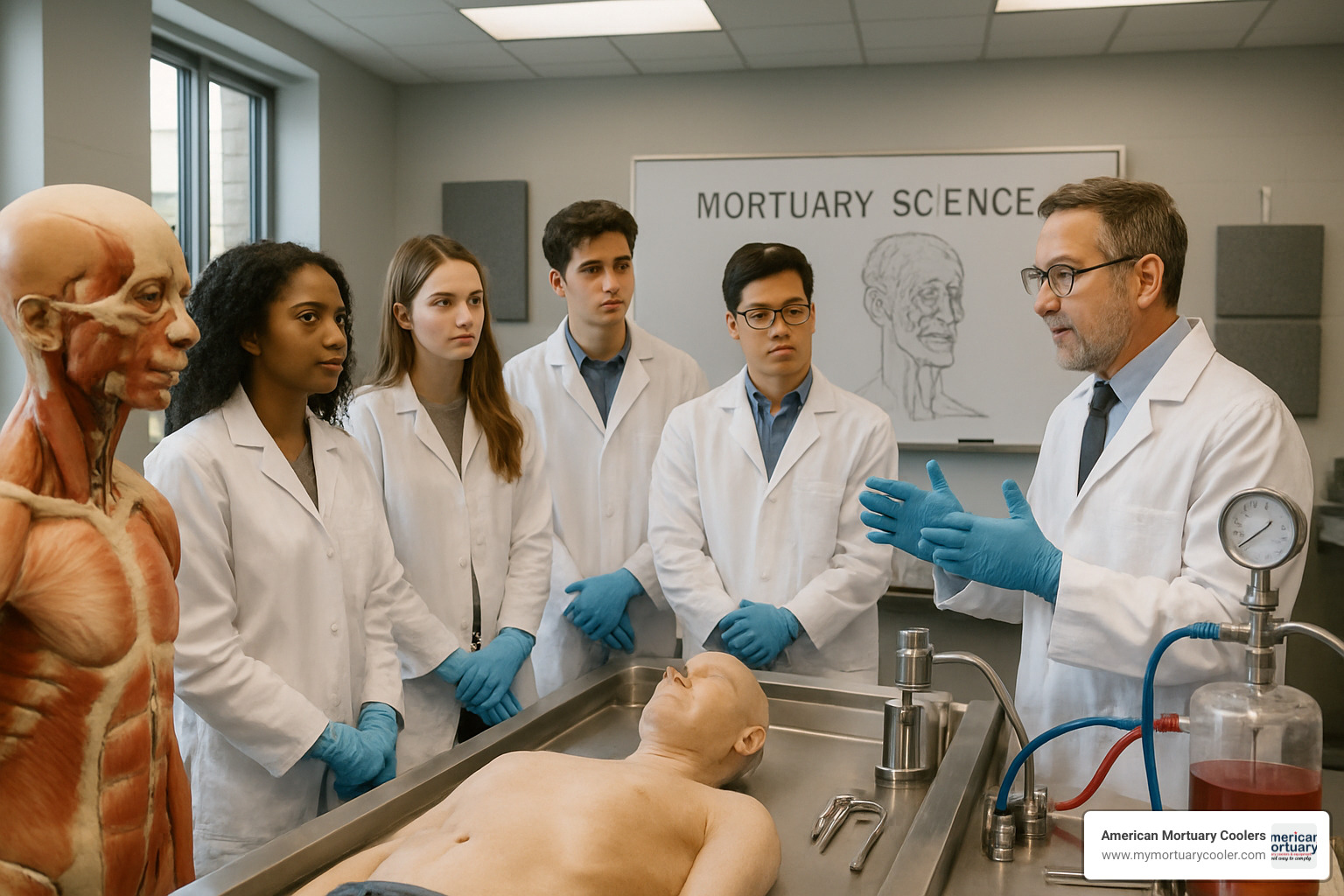 Students in a mortuary science classroom learning embalming techniques - mortician and funeral director