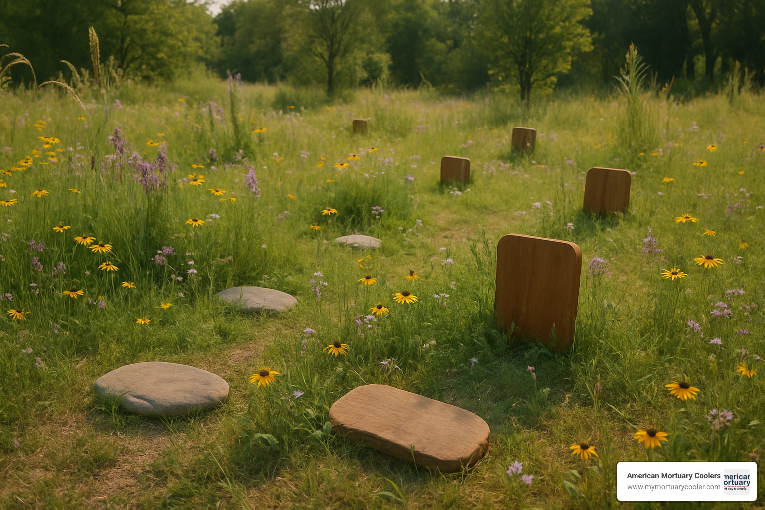 Green burial site with natural markers instead of traditional headstones - mortician and funeral director