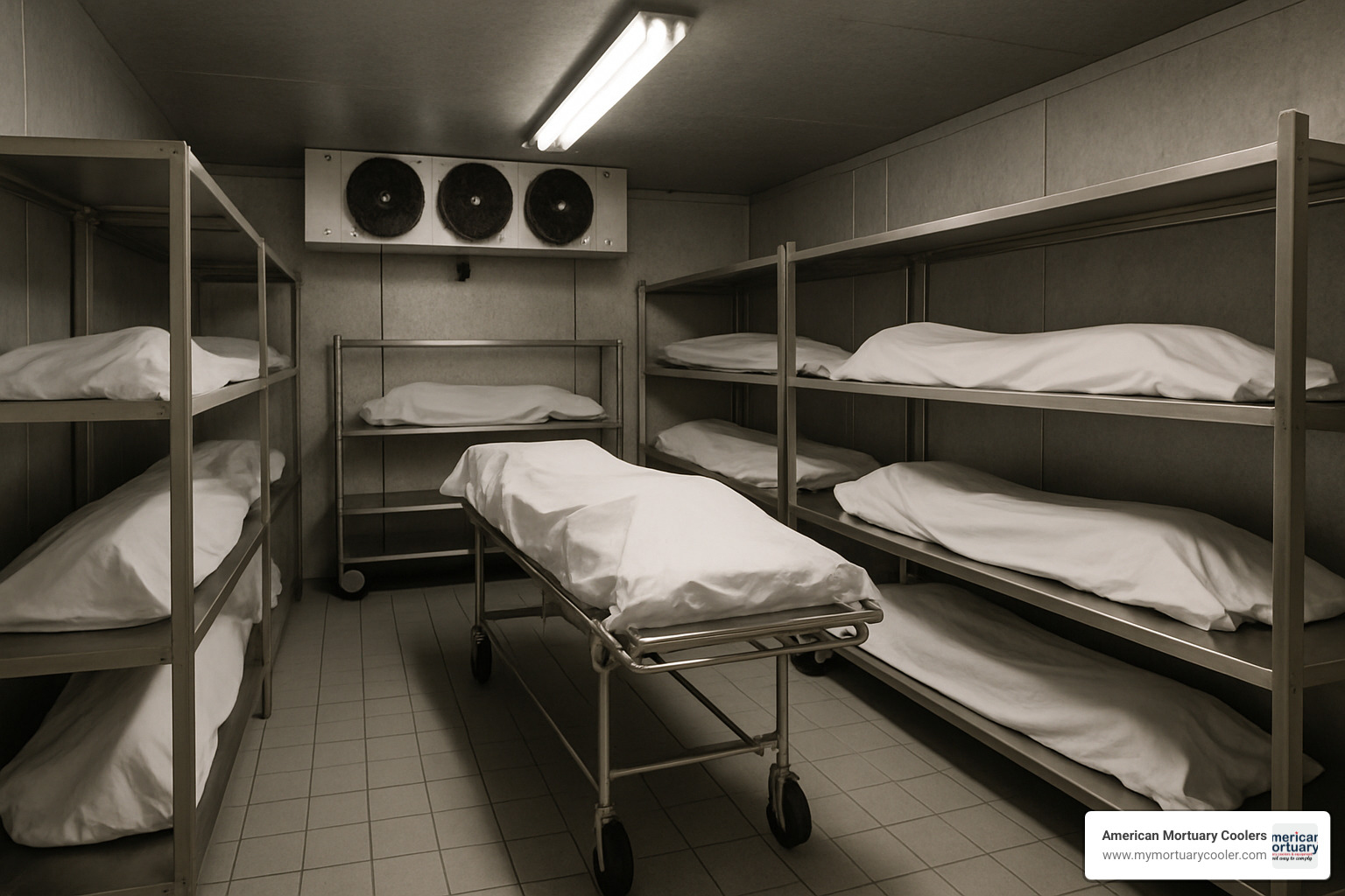 walk-in cooler interior with body racks - funeral home body coolers