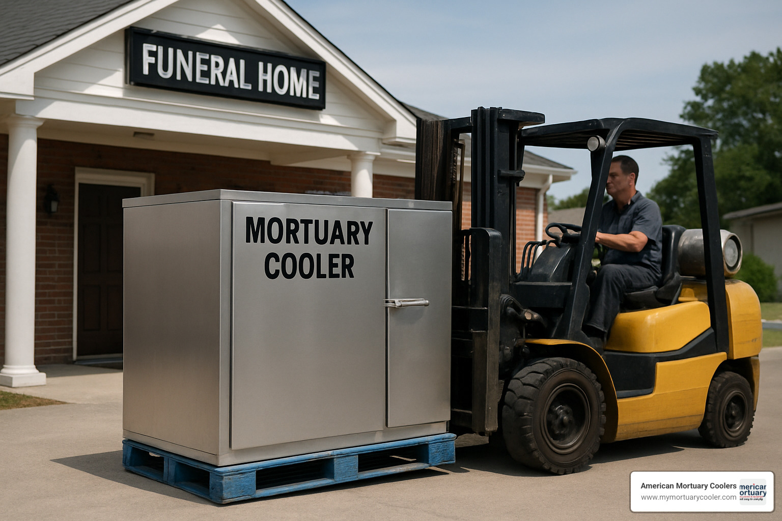 forklift unloading a mortuary cooler - funeral home body coolers