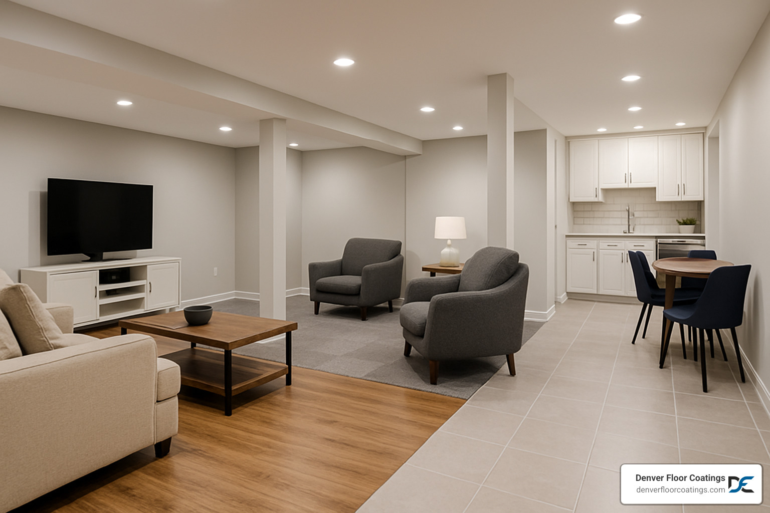 basement with mixed flooring zones - basement floor covering ideas