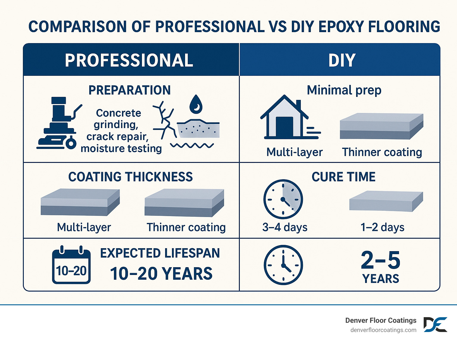 Comparison of professional epoxy flooring showing differences in preparation methods, coating thickness, cure times, and expected lifespan. Professional installation includes concrete grinding, crack repair, moisture testing, and multi-layer application with 10-20 year durability. - epoxy companies near me infographic Comparison of professional epoxy flooring showing differences in preparation methods, coating thickness, cure times, and expected lifespan. Professional installation includes concrete grinding, crack repair, moisture testing, and multi-layer application with 10-20 year durability. - epoxy companies near me infographic