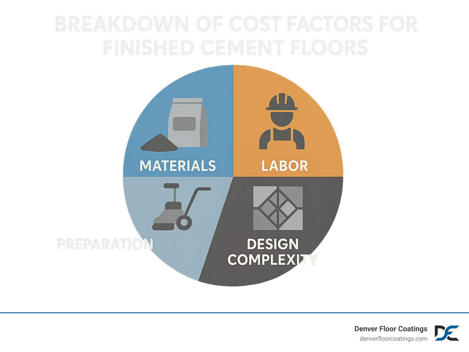 Breakdown of cost factors for finished cement floors showing materials, labor, preparation, and design complexity - finished cement floors infographic 