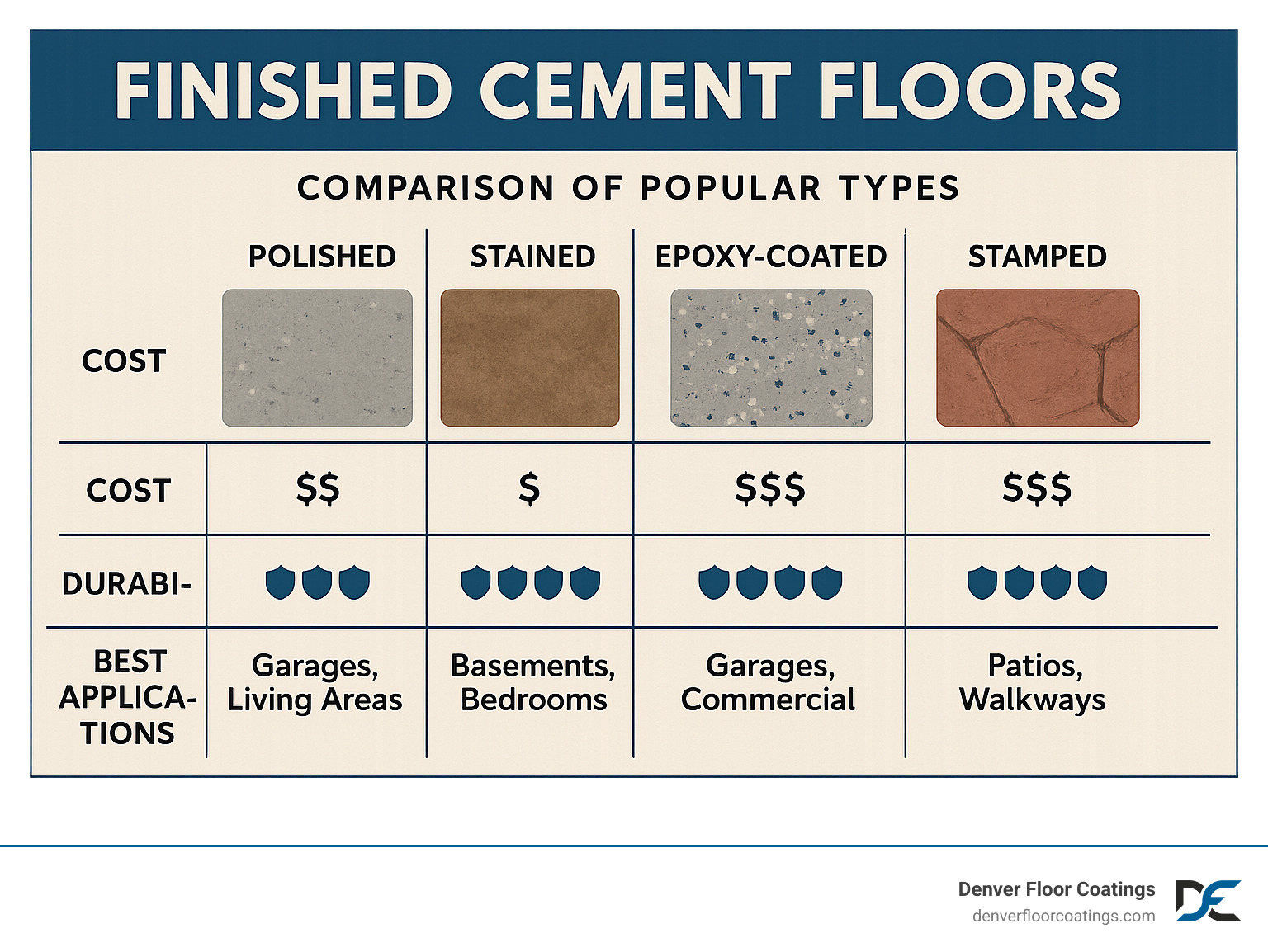 Comparison of popular finished cement floor types showing polished, stained, epoxy-coated, and stamped options with their relative costs, durability ratings, and best applications - finished cement floors infographic 