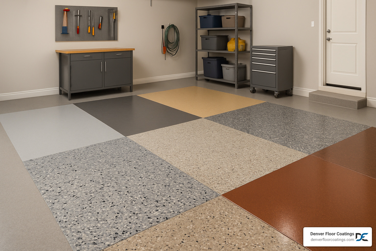 custom garage floor coating designs with different colors and flake patterns - garage floor coatings