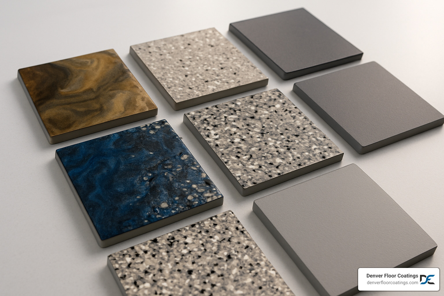 Various concrete epoxy finish samples including metallic, flake, and solid color  - concrete epoxy