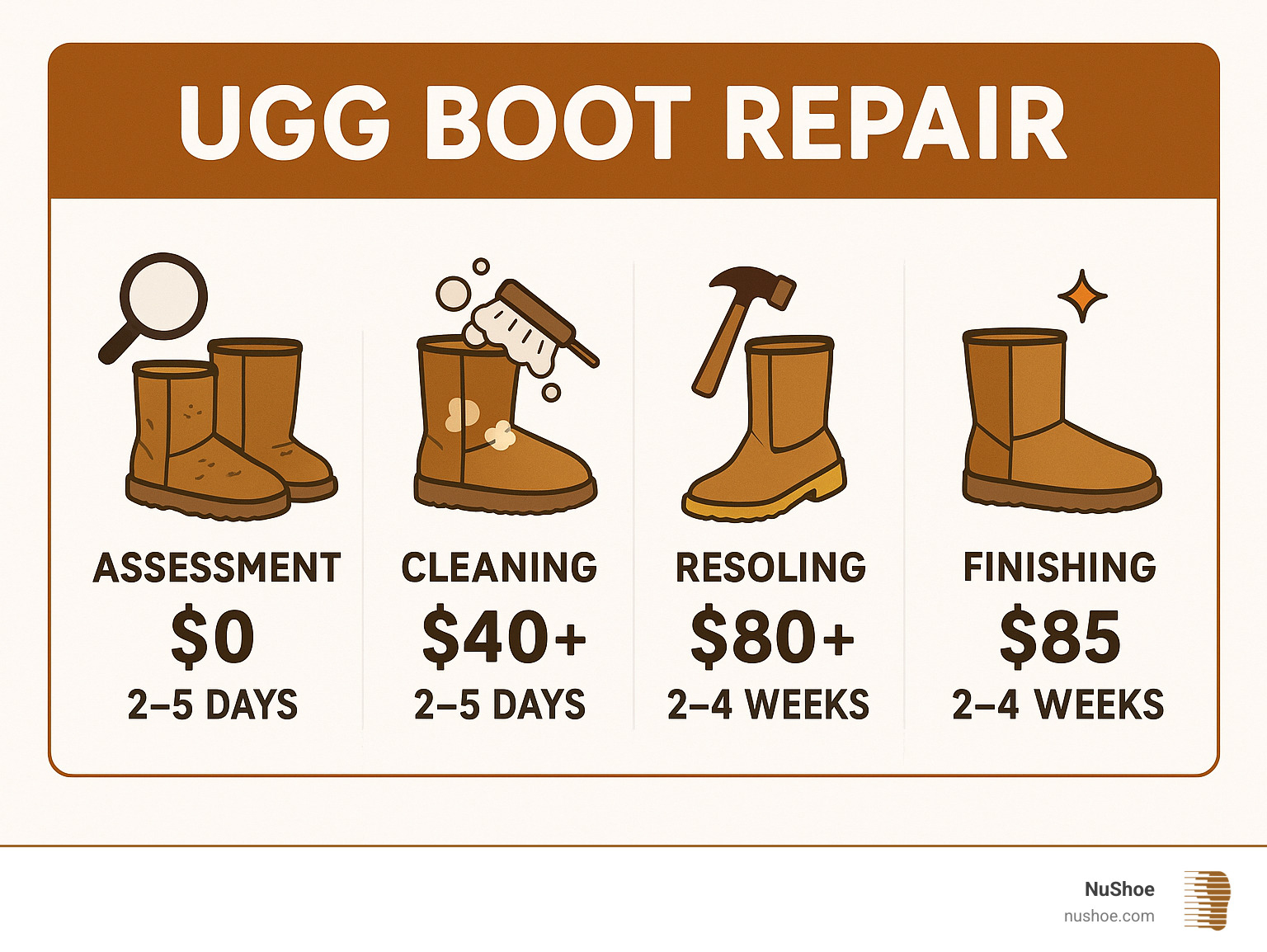 Infographic showing UGG boot repair process including assessment, cleaning, resoling, and finishing with average costs and timeframes - ugg boot repair shop near me infographic 