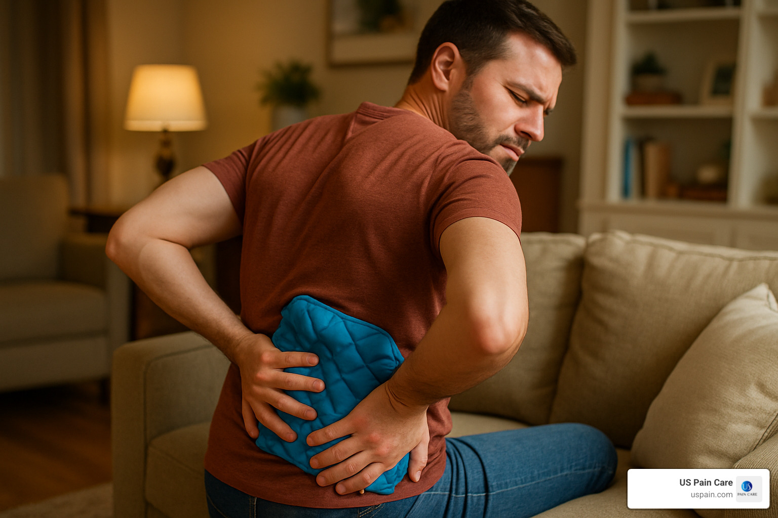 Person applying ice pack to lower back - lumbar nerve pain relief