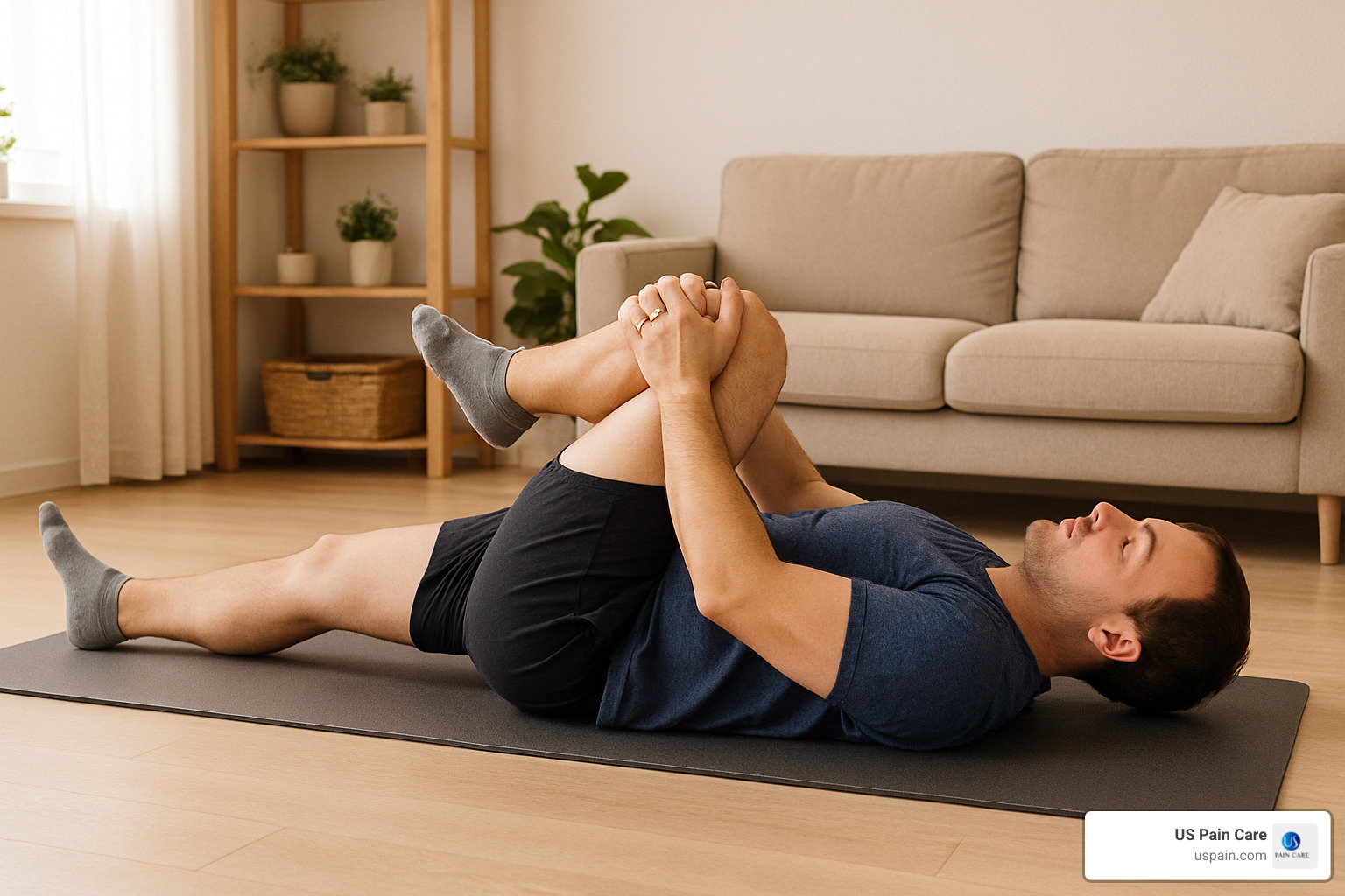 Person demonstrating knee-to-chest stretch for back pain - lumbar nerve pain relief