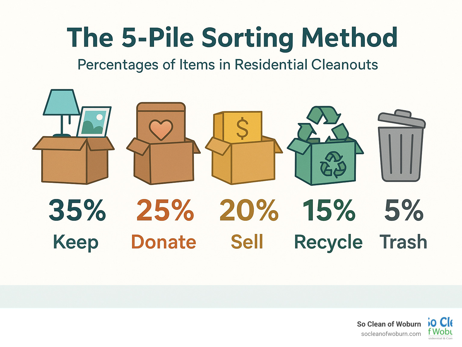 The 5-pile sorting method showing percentages of items typically kept, donated, sold, recycled, and trashed during residential cleanouts - residential clean out infographic 