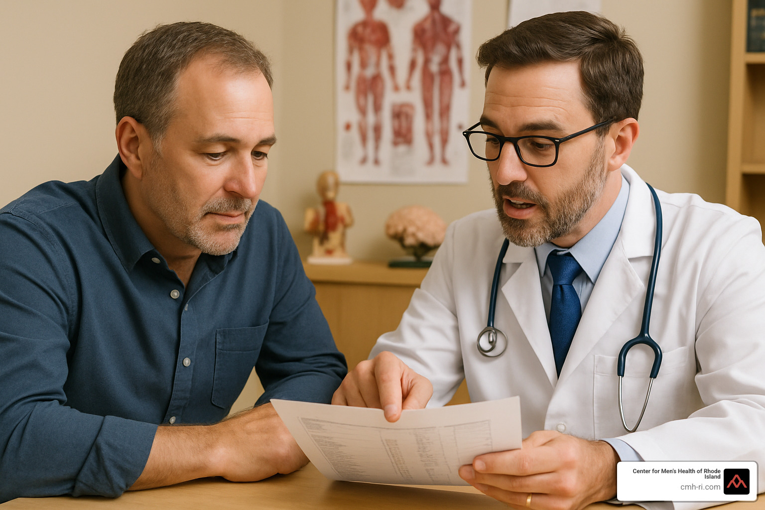 Man discussing blood test results with doctor - men's health blood tests