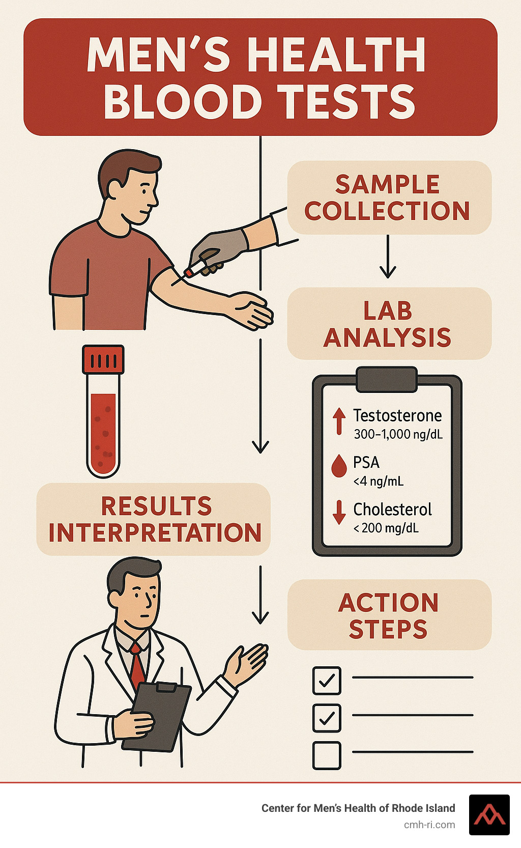 Comprehensive diagram showing the men's health blood testing process from sample collection through lab analysis to results interpretation and action steps, including normal ranges for key markers like testosterone, PSA, and cholesterol - men’s health blood tests infographic 