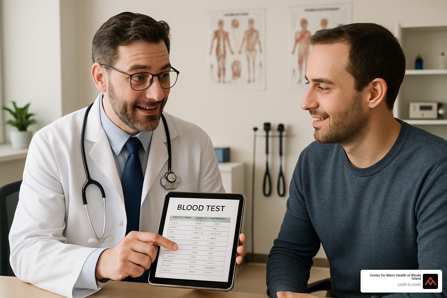 Doctor explaining blood test results to male patient - men's health blood tests