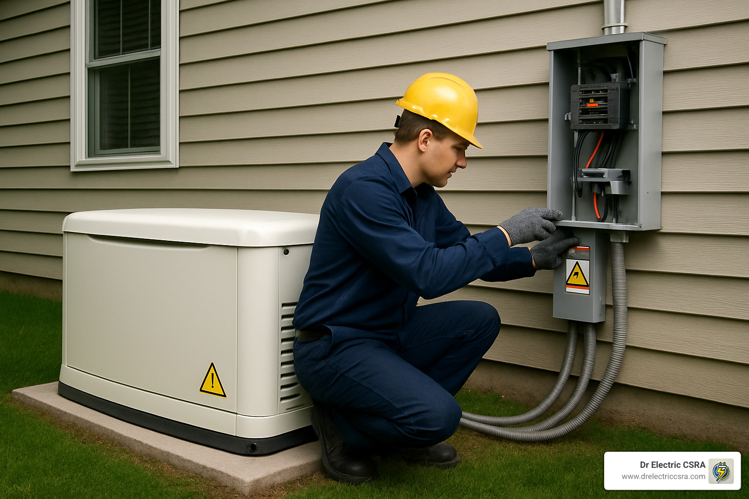 Electrician in safety gear working on a transfer switch connected to a whole-house generator outside a home, emphasizing residential backup power solutions in Augusta, GA.