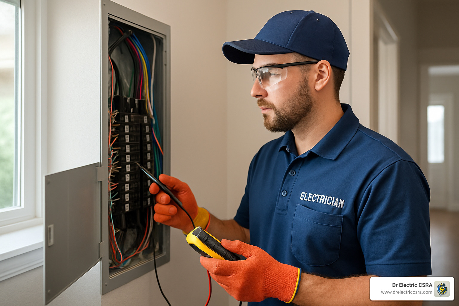Electrician in safety gear using a multimeter on a residential electrical panel, emphasizing professional electrical service and safety compliance.