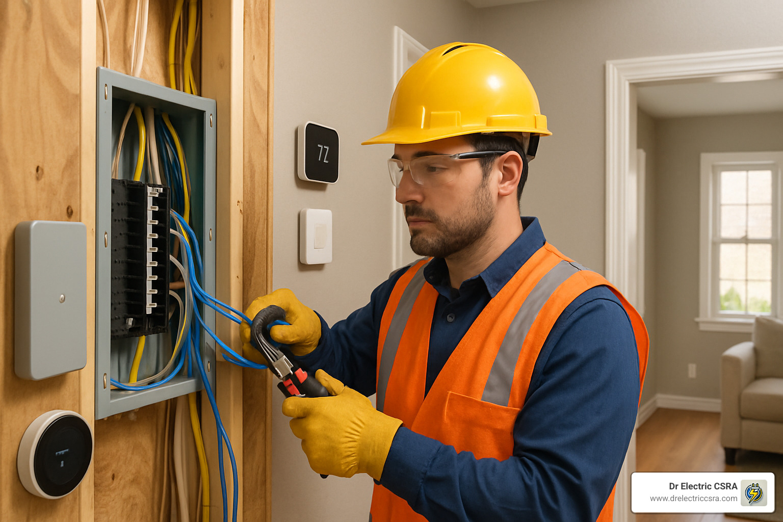 Electrician wearing safety gear working on residential electrical panel, showcasing Dr. Electric CSRA's expertise in home wiring and safety compliance.