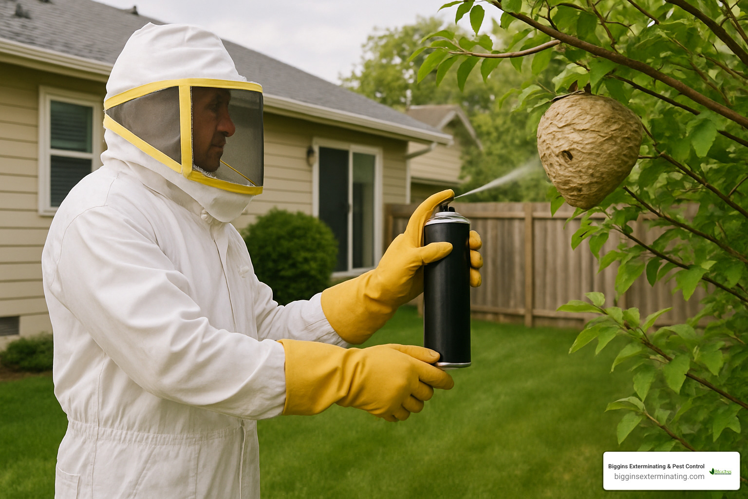 homeowner in bee suit holding spray can - yellow jacket exterminator cost