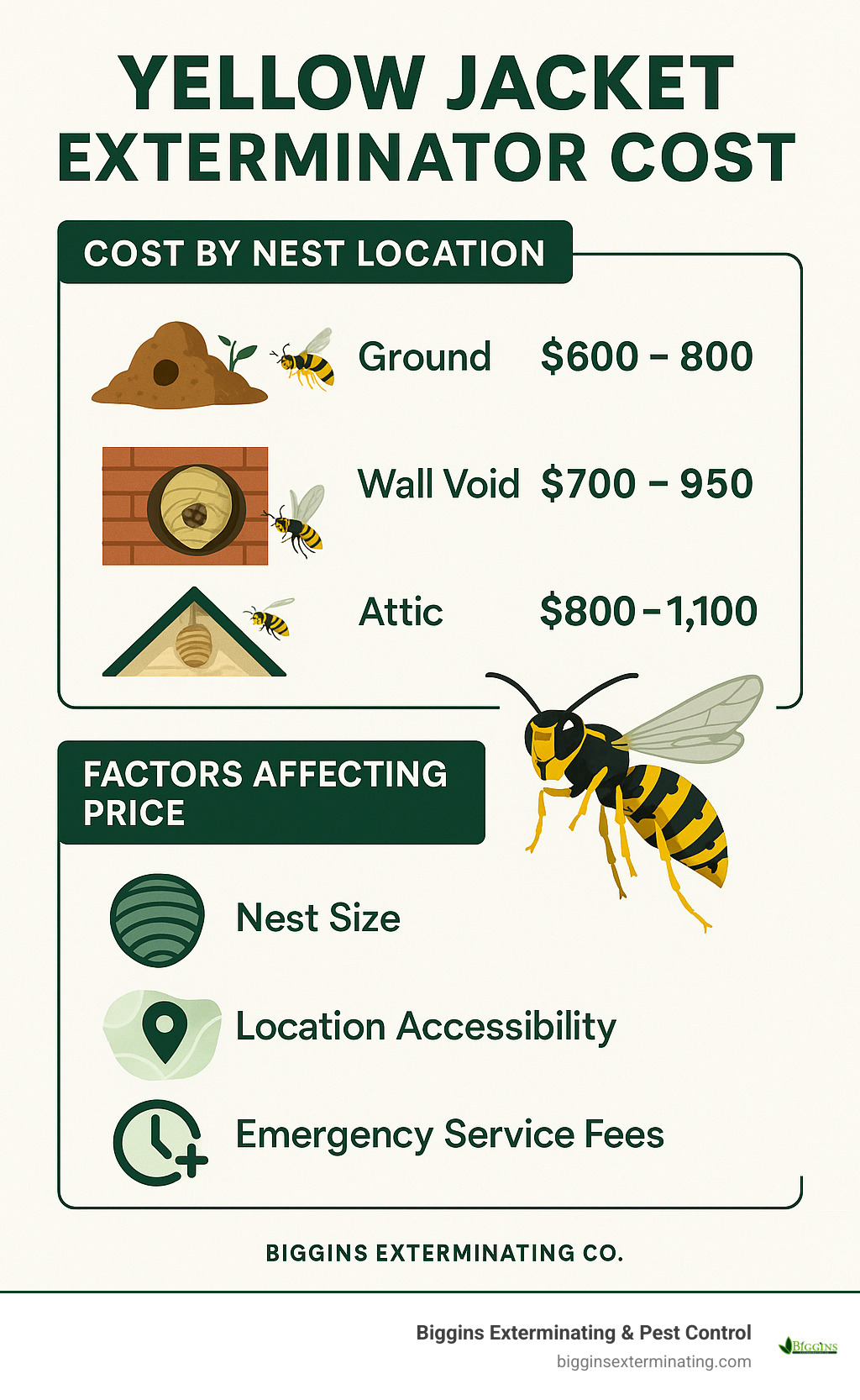 Yellow jacket exterminator cost breakdown showing average pricing by nest location (ground: $600-800, wall void: $700-950, attic: $800-1100) and factors affecting final price including nest size, location accessibility, and emergency service fees - yellow jacket exterminator cost infographic