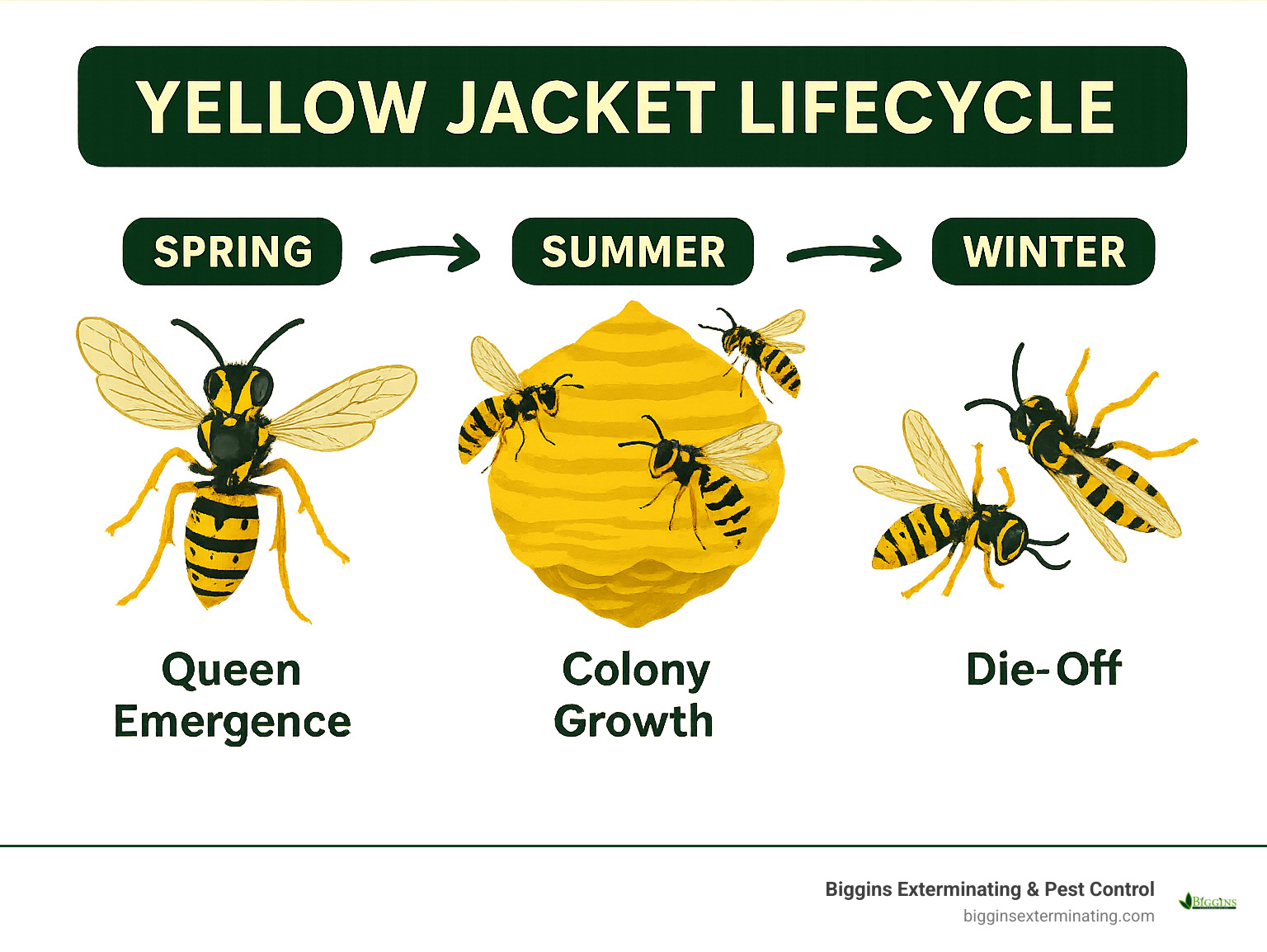 yellow jacket lifecycle showing queen emergence in spring, colony growth in summer, and die-off in winter - yellow jacket exterminator cost infographic