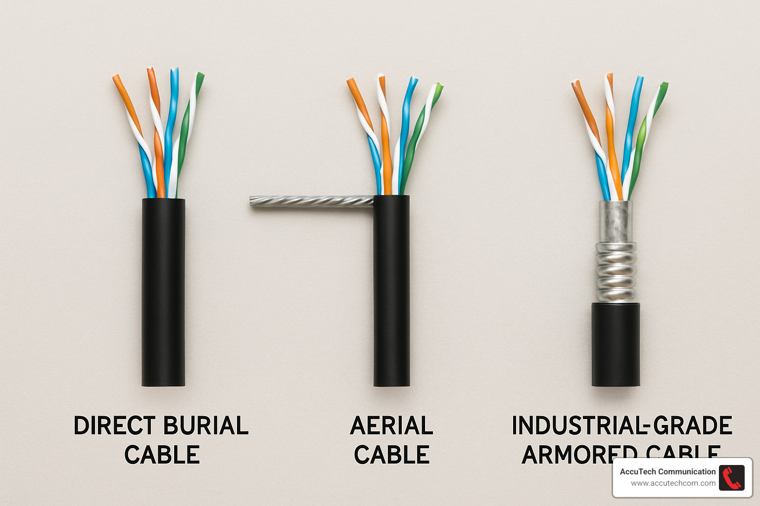Various types of outdoor ethernet cables including direct burial, aerial, and industrial variants - cat6a outdoor ethernet cable