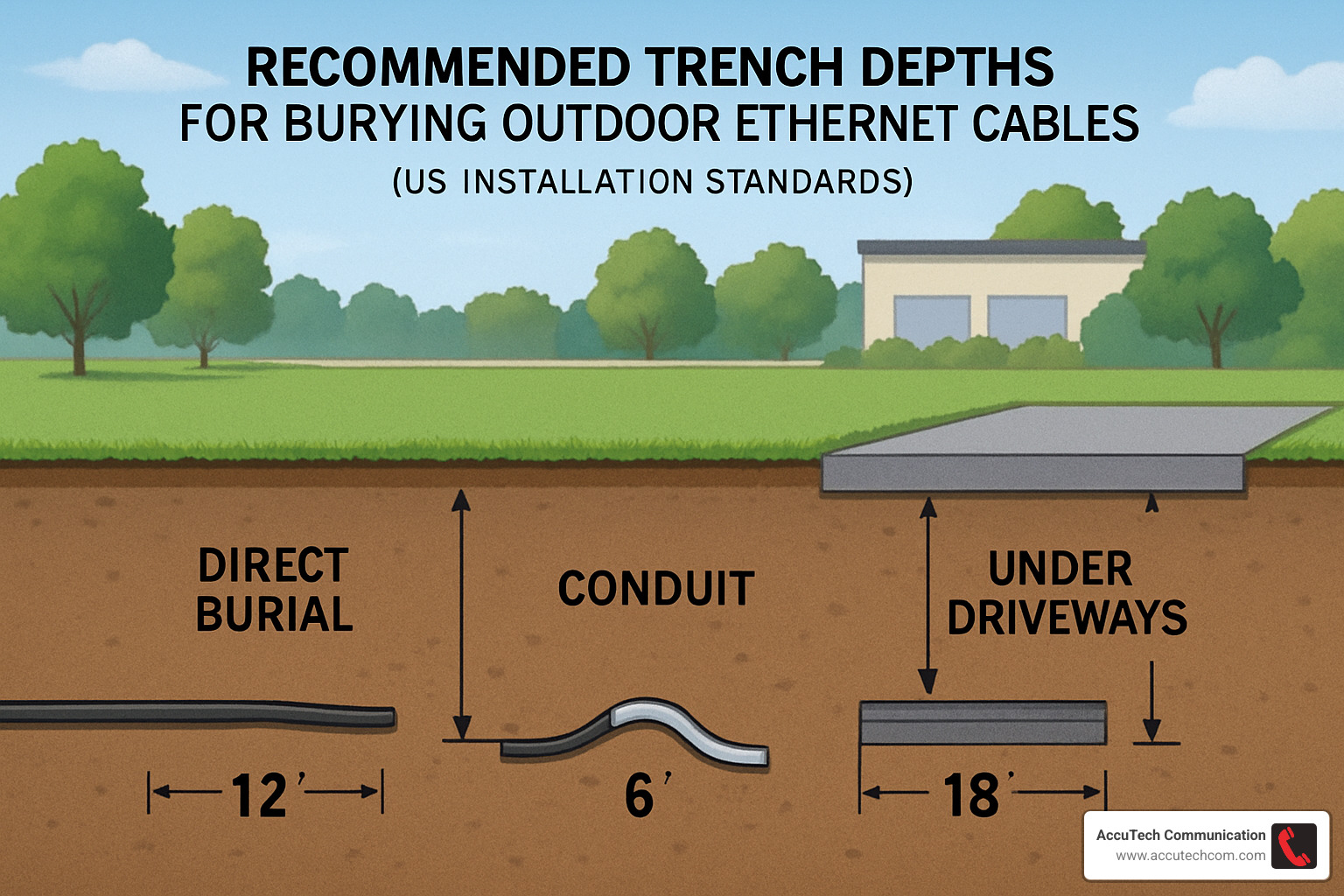 Trench depth guide showing recommended burial depths for different installation scenarios - cat6a outdoor ethernet cable