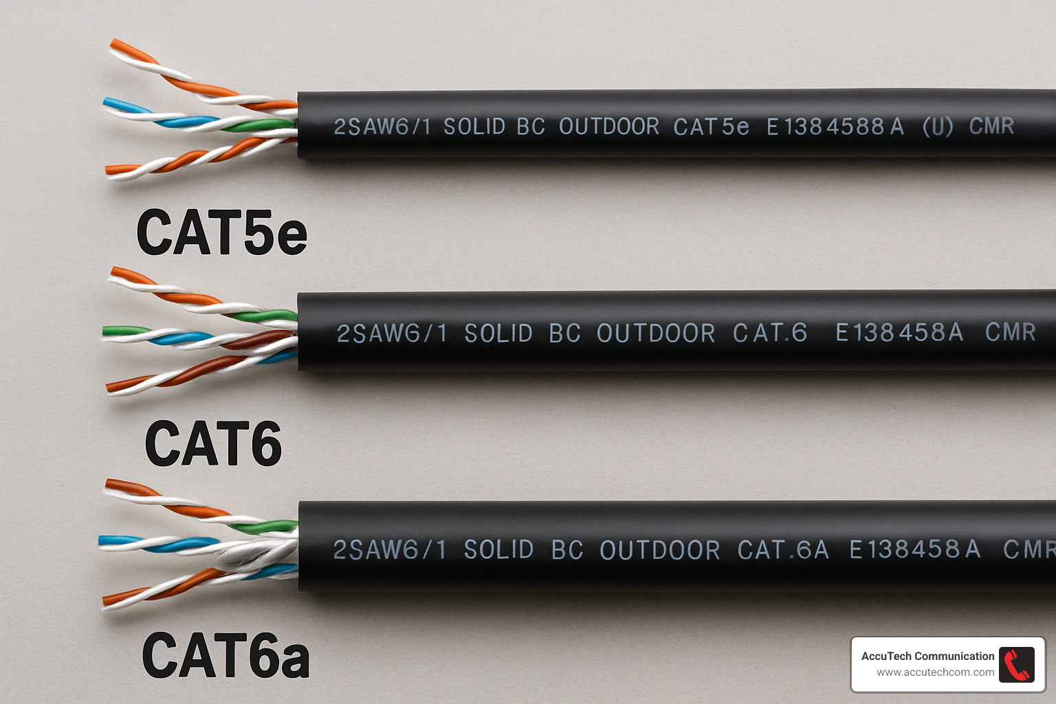Comparison of Cat5e, Cat6, and Cat6a outdoor ethernet cables showing physical differences - cat6a outdoor ethernet cable